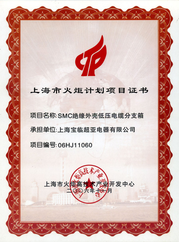 SMC絕緣外殼低壓電纜分支箱火炬計(jì)劃項(xiàng)目證書