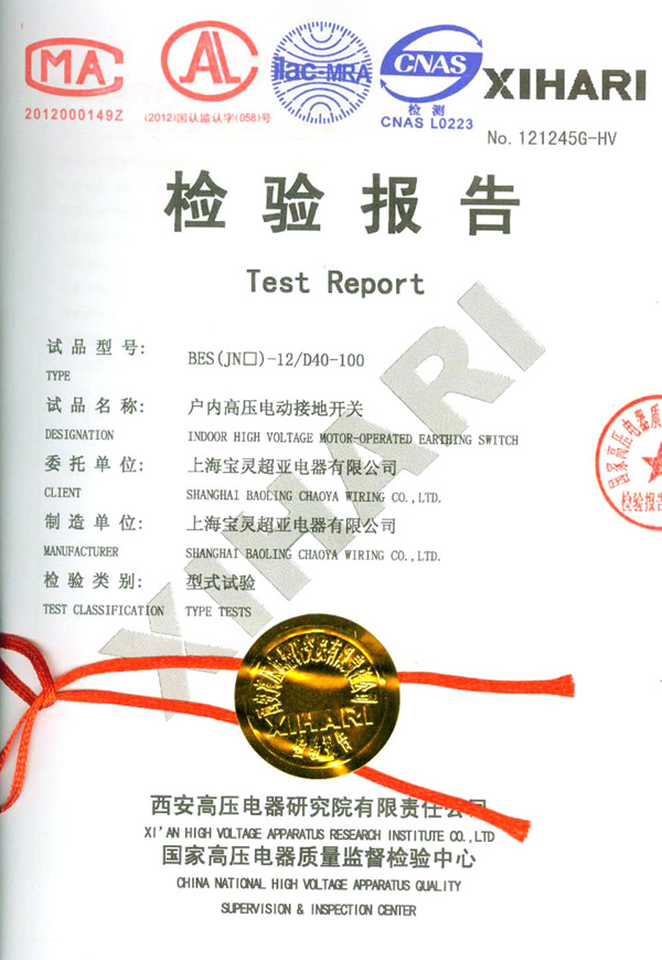 戶內(nèi)高壓電動接地開關(guān)檢驗報告